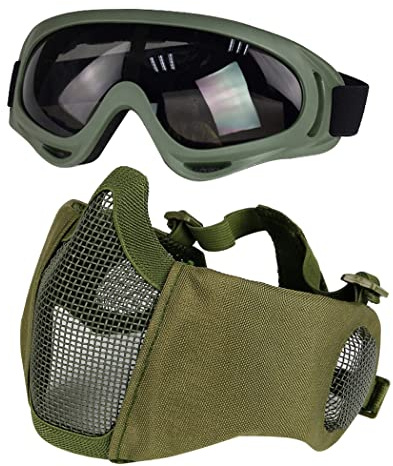 Yzpacc Airsoft Maske mit Brille, Faltbare Half Face Airsoft Mesh Maske mit Ohrenschutz für Paintball Schießen Cosplay CS Spiel