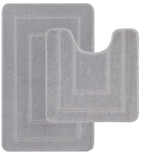 Lifestyle comfort ltd Ichra - Alfombrilla de baño Antideslizante, 2 Piezas, Extra Suave, Absorbente de Agua, 100% Polipropileno, Lavable, Alfombra de baño para Inodoro (Gris)