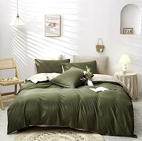 Damier Bettwäsche 135×200cm Grün Olivgrün Beige Wendebettwäsche Set 2 Teilig Superweiches Microfaser Bettbezug mit Verdecktem Reißverschluss und Kopfkissenbezug 80 × 80 cm