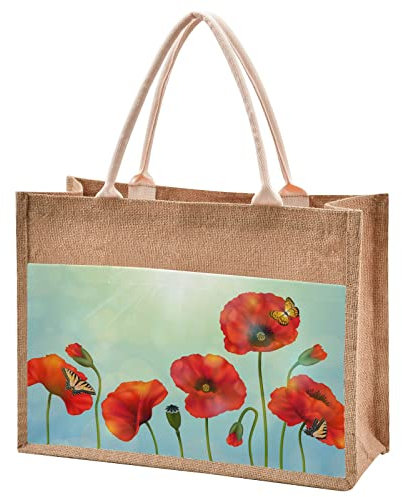 Mnsruu Jute Tragetaschen, Schmetterlinge auf Mohnblumen wiederverwendbare Tragetasche Einkaufstasche für Frauen, Jutebeutel für Schule Strand Arbeit Reisen XL, mehrfarbig, Einheitsgröße