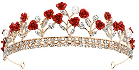 Sibba Kronen Tiara Stirnband Prinzessin Königin Fee Abschlussball Geburtstag Rote Edelsteine Blume Strass Golden Crown Kopfschmuck Haarband Festzug Weihnachten Hochzeit Braut Kopfbedeckung Frauen