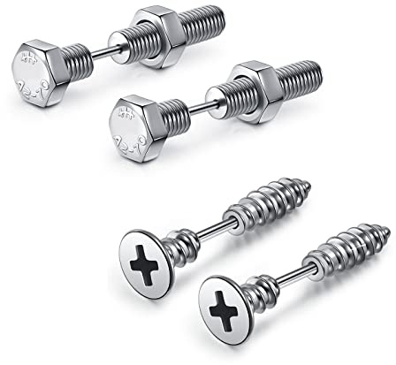 Jovivi Mens Punk Stainless Steel Stud Earrings - 16G Silver Studs for Boys, Screw Back, Hypoallergenic Piercing Jewellery for Men and Women
