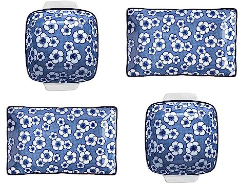 4pcs Japanese Serving Crockery Ceramic Rice Bowl Sushi Platter Dessert Dish Plate Tray Kitchen Dinning Tableware (Floral Platter&Bowl)