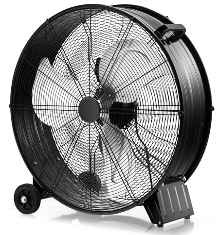 GYMAX Ventilatore a Tamburo 65 cm, Industriale da Pavimento con 3 Velocità, Maniglia e 2 Ruote in Gomma, per Garage e Officina, 65 x 37 x 67 cm (Nero)