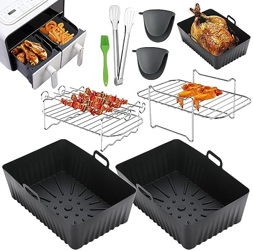Lifemaison 8pcs Reusable Silicone Air Fryer Liners,Air Fryer Accessories for Tower Vortx T17088 9l Dual Basket,Dual Air Fryer Racks & Paper Lining Accessories,Compatible with Oven,Microwave,Black