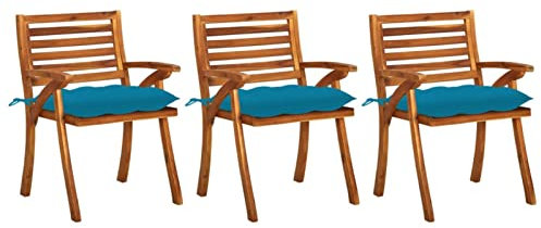 Homgoday Esszimmerstühle für den Garten mit Kissen, 3 Stück, massives Akazienholz, Stühle für den Außenbereich, Esszimmerstühle für Garten, Gartenmöbel, Outdoor-Möbel für Garten, Terrasse, Hellblau