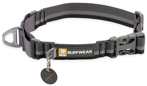RUFFWEAR Web Reaction Hundehalsband, verstellbares Martingal-Halsband mit Aluminium-V-Ring und seitlicher Öffnung, bequemer Stoff, reflektierendes mit Schlauchlock-Gurtband Basalt Grey 20-23