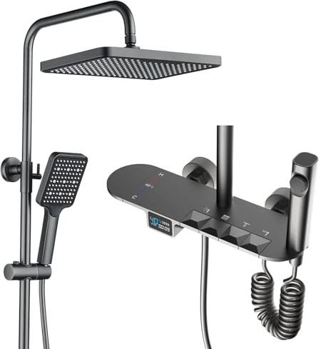 BEITH Ensemble de Douche Thermostatique, 30x20cm Carré Colonne de Douche, Touches du Piano Systèmes de Douche avec Affichage Numérique LED, Douchette, Robinet de Bain, Laiton Vanne, Réglable Hauteur