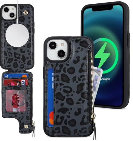 SailorTech iPhone 13 Etui mit Kartenhalter, iPhone 13 Hülle mit Reißverschluss Kartenfach Geldbörse für iPhone 13 Handyhülle Lederhülle - Schwarzer Leopard