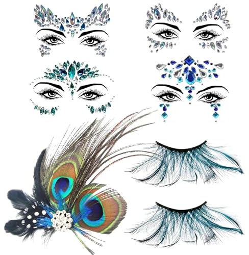 Huahuanghui Pfau Kostüm Damen,Pfauenfedern Haarschmuck+Bunte | Pfauenfedern Wimpern+4 PCS Glitzersteine Gesicht, Für Karneval Fasching Halloween Mottoparty Cosplay