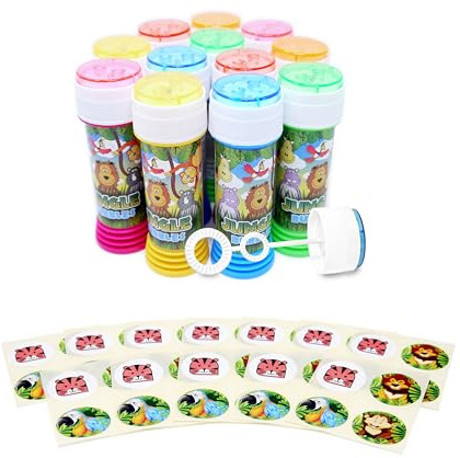 Anila's Themed Bubble Tubs with Wand & Stickers for Party Bag Fillers and Party Favours for Children -12 Jungle Bubble Tubs & 12 Sheets of Anila's Jungle Stickers. (Ideal for Children Aged 3-8)