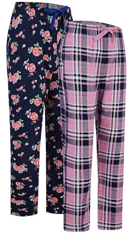 GLOBAL Bas de Pyjama Femme 100% Flanelle de Coton avec Poches et Cordon de Serrage Lot de 2 Bleu Rose Fleurs & Motif à Carreaux Bleu Rose L
