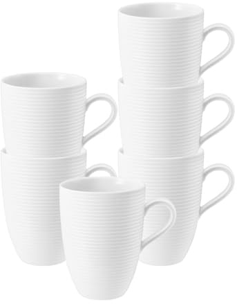 Seltmann Weiden Beat Becher mit Henkel 6er Set, 350 ml, Kaffeebecher mit Rillen-Relief, Porzellan, Weiß