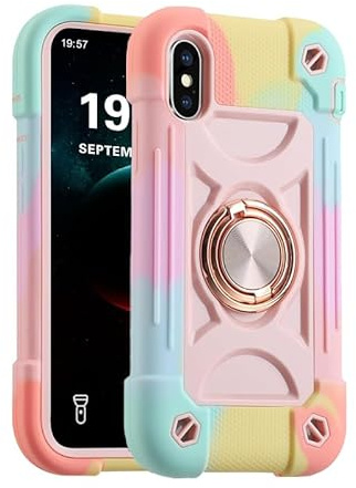Gunroc for iPhone X Case/iPhone XS Case with 360°Rotate Ring Stand, Military Grade Drop Shockproof, Full Body Protection, Heavy Duty, 3-Layer Protective Cover for iPhone X/XS Pink