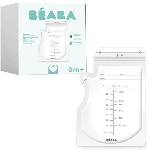 BÉABA, Paquete de 50 bolsas de almacenamiento de leche materna, 250ml, Preesterilizadas, Congelación, Clasificación, Cierre hermético, Etiquetado, 250ml