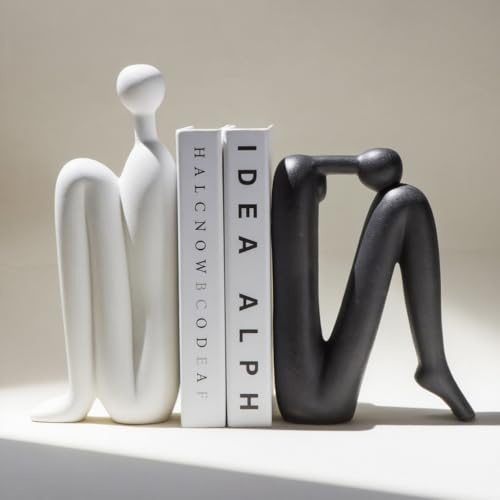 WANCHIY Ceramic Bookends Set of 2, Thinker Design, Black and White