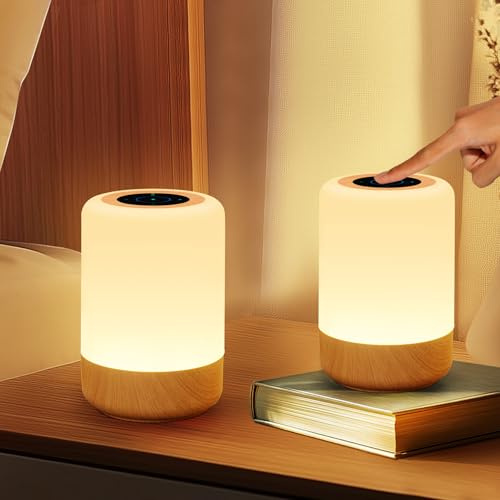 Dorifun LED Nachttischlampe Touch Dimmbar 2er Set, Tischlampe Kabellos USB Aufladbar mit RGB Farbwechsel, Holzmaserung Nachtlicht Kinder Stilllicht Dimmbar mit 4 Timer für Schlafzimmer Kinderzimmer