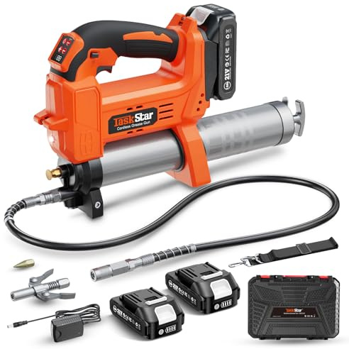 TaskStar Engrasadora a Batería de 10000 PSI: Engrasadora Mejorada con Control Automático del Volumen de Grasa, 2 Baterías *2,0AH, 3 Acopladores - 4,6 oz/min Eficaz para Tractores, Camiones y Máquinas