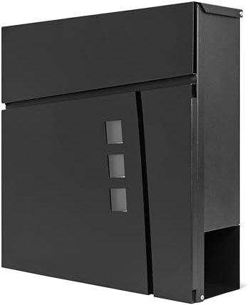 Assorted Collections Wall Mounted Post Box, Modern Design with Newspaper Slot,Lockable Letter Box Lift-Up Flap Concealed Lock, Easy to Install, 37x10.5x37cm (Black)