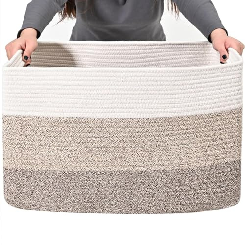 Wäschekorb geflochten aus Baumwolle (55x43x30,5cm) - Handgefertigter Wäschesammler mit Griff - Weiß & Braun - Formstabiler Aufbewahrungskorb für Wäsche, Spielzeug & Mehr (Bräunlichblond)