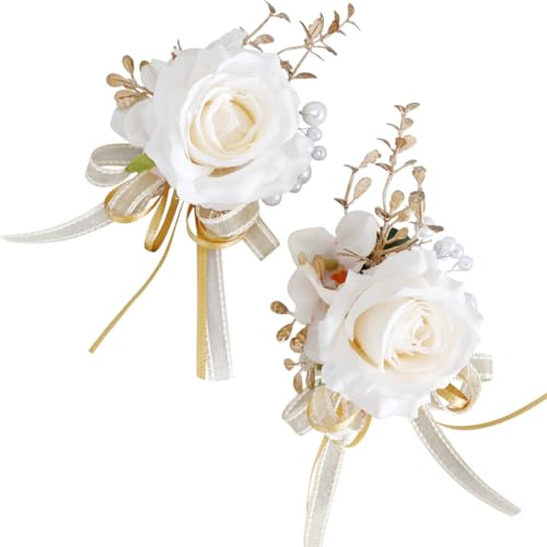 Fouriding Hochzeit Künstliche Boutonniere Handgelenk Blumen Set,Bräutigam Bester Mann Braut Brautjungfer Künstliche Corsage Anzug für Hochzeit Party Prom Event Zeremonie Jahrestag (Champagner)