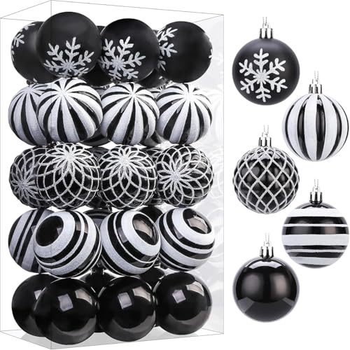 SHareconn Set di 30 palline 60mm per albero di Natale, 60 mm, palline in plastica colorata infrangibile, decorazioni per albero di Natale, festività e matrimoni,Bianco & Nero