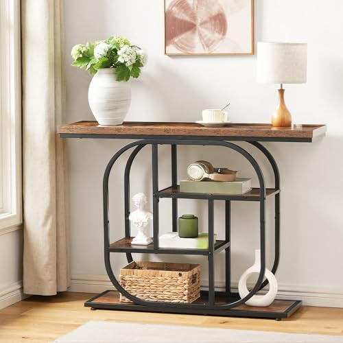 HOOBRO Narrow Console Table for Hallway, 110 cm Hallway Table, 4-Tier Industrial Display Table with Storage, Geometric Frame, for Entryway, Foyer, Living Room, Bedroom, Rustic Brown EBF65XG01