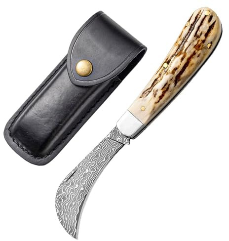 Edc Petit couteau de poche pliant damassé en bois naturel forgé en acier damassé couteau de survie couteau de chasse couteau tranchant couteau pliant Damas étui en cuir