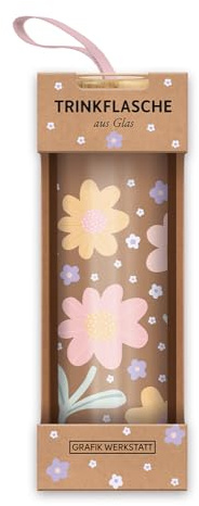 Grafik-Werkstatt Trinkflasche aus Glas mit lustigem Spruch | mit Griffschlaufe | 550 ml | Blumen, Bunt