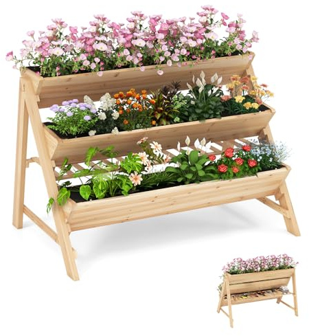 COSTWAY Jardinera de Jardín de 3 Niveles, Huerto Vertical de Madera con Estante, 2 Ganchos Colgantes y 3 Forros de Cama, Soporte para Plantas, Jardinera Elevada para Invernadero Patio Balcón