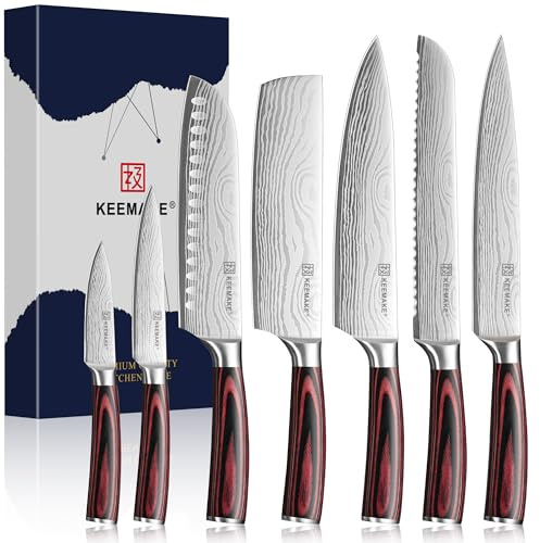 KEEMAKE Couteau Cuisine 7 Pièces, Couteaux de Cuisine Professionnel avec Fourreau de Lame, Couteau Office Pain Viande Santoku Chef Nakiri Universel en Acier Inoxydable