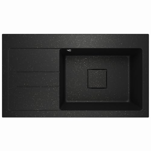 Lavello Fregadero de granito negro con oro – Fregadero de cocina profundo 88x50 cm – Fregadero de 1 cubeta con escurridor – Resistente a arañazos y reversible – con desagüe oculto – incluye juego de