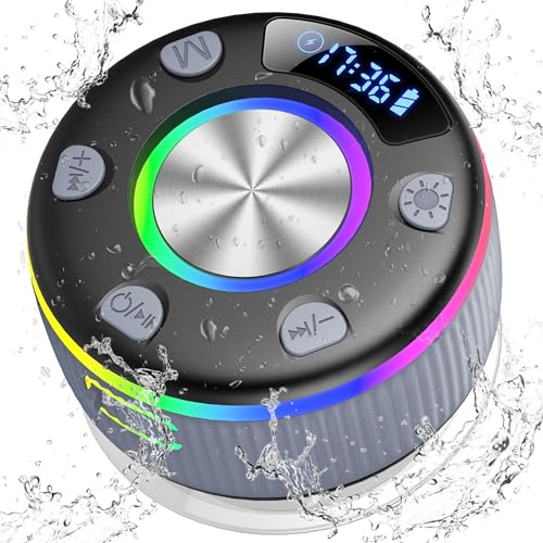 Bluetooth Shower Speaker, IP7 Waterproof Portable Bluetooth 5.3 Speakers with Loud Stereo Sound, Wireless Speaker with RGB Lights Time Display Suction Cup for Bathroom Beach Travel Outdoor Party, Gray