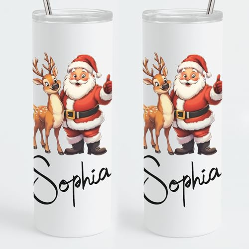 EKAM Personalised Christmas Tumbler Add Your Own Name/Text, Festive Xmas Gift, Present for Christmas Eve, 20oz Stainless Steel Tumbler Cup with Straw and Lid, Custom Gift for Mum, Dad, Kids, Friends