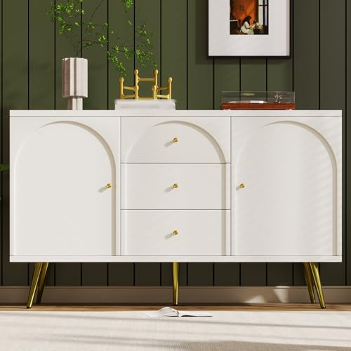Generisk kommode med 2 dörrar och 3 lådor, kommodesskåp, dörrkommode med låda, skänk, justerbar hylla, för sovrum och alla rum, 140 x 40 x 84 cm, cremevit