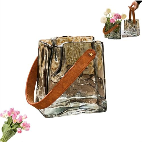 Glass Purse Vase, Creative Handbag Shape Glass Vase, Irregular Pleated Handbag Shaped GlassVase with Leather Handle, Small Bag Vases for Decor Decorative Fish Bowl for Home Wedding Decor