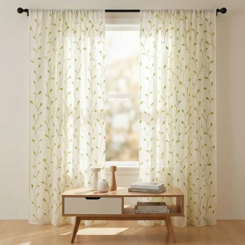 LONGCAO Vorhang Gardinen Leinen mit Ösen 150 x 230 cm Voile Polyester Transparent Wohnzimmer Luftig Dekoschal Modern für Kinderzimmer Gardine für Wohnzimmer Schlafzimmer, Grün