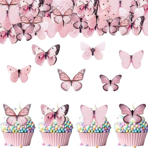 ENLACE 80 Stück Rosa Schmetterling Tortendeko Mädchen,Cupcake Topper Essbar | Essbare Schmetterlinge für Torte,Schmetterling Deko Kuchen Essbar,Schmetterlinge Deko Torte für Babyparty Geburtstag Hochzeit