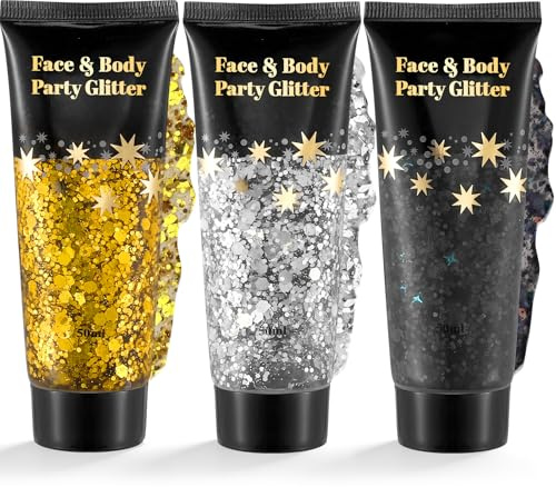 3 Stück Body Glitter Gel 50ml, Festival Glitzer Gold Silber Schwarz | Long-Lasting Glitter Sequins Chunky Powder Gel für Festival Gesicht Haare Lippen Nägel Make Up Kosmetik Festival Party