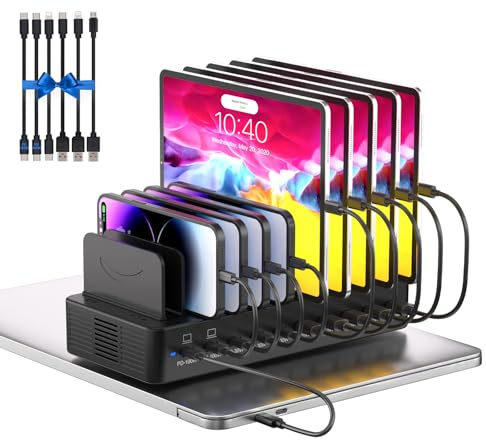415W USB Charging Station for Multiple Devices,10 Ports Fast Multi USB Charger with Dual PD 100W,Multi Charger with Adjustable Dividers & 6 Cables-Device Organizer for Laptop,Tablet,iWatch,Cell Phone