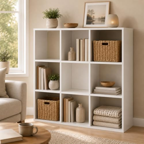 Xinyvee Estantería Blanca, Librería de 9 Cubos, 93 x 29,5 x 93 cm | Mueble de almacenamiento 3 x 3 con 5 paneles traseros configurables para libros y cajas en salón, oficina o dormitorio.
