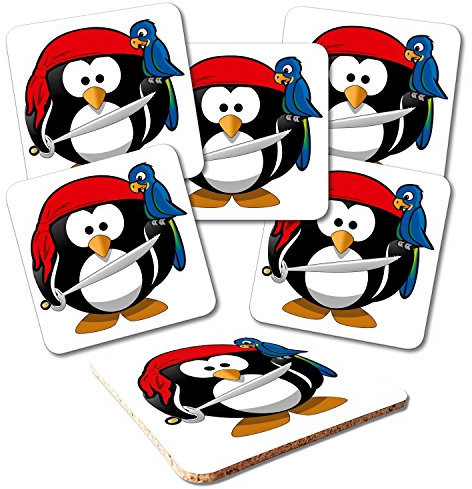 ADDIES Glas-Untersetzer 6-TLG.Set Bedruckt Motiv Cartoon Pinguin-02 Komplett-Set in hochwertiger Klarsicht-Geschenkbox und Korkrückseite Linux