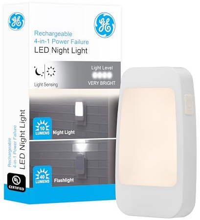 GE 4-in-1 LED Power Failure Night Light, Dusk-to-Dawn Sensor, Foldable Plug, Portable, Flashlight, Ideal for Storm, Outage, Emergency, Blackout, Hurricane, Tornado, White, 29679
