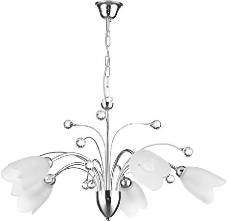ONLI Zampillo- Lampadario 5 Luci cromo con Sfere in Cristallo e Vetri Satinati, Bianco, metallo;vetro;cristallo