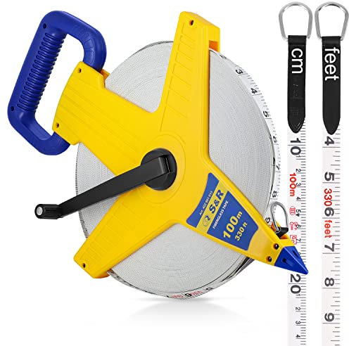 S&R Surveyors Tape Measure – 100m / 330ft Fiberglass Measuring Tape | Double-Sided Metric & Imperial Markings | Durable ABS Reel with Crank