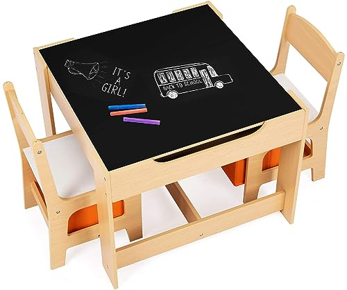 DREAMADE Multifunktionale Kindersitzgruppe, Kindertisch mit 2 Stühle & 2 Aufbewahrungsboxen für zusätzlichen Stauraum, abnehmbare Tischplatte mit Tafel für Malen, 3-teiliges Set Kindermöbel (Natur)