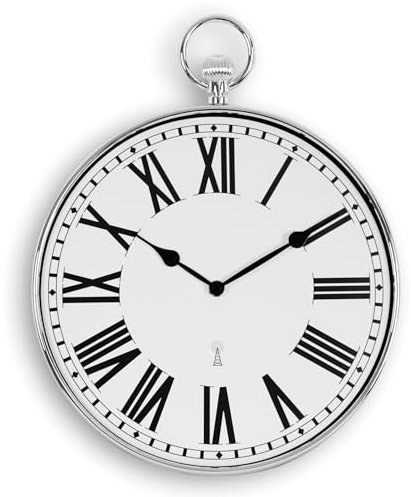Soldela Horloge Murale Design - Montre Gousset Style Vintage - Grands Chiffres Romains - Lecture Facile - Radio-pilotée - Ø 30 CM - Convient pour la Cuisine, Salon, Chambre - Argentée