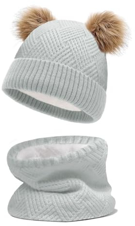 JFAN Vinterhalsduk för barn stickad dubbel med varm hatt pälsboll enkel boll hatt halsduk, A - Grå, one size