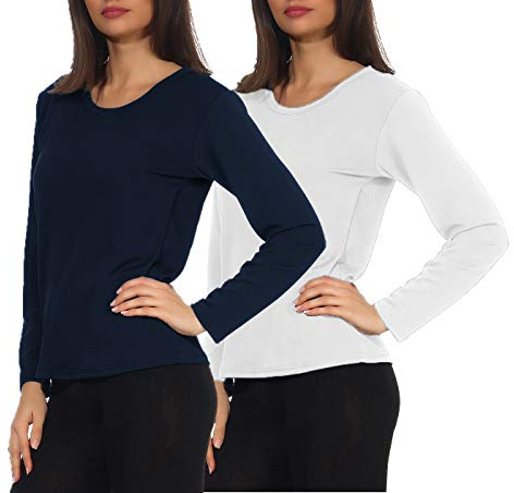 sockenhimmel Thermo- Funktionswäsche Damen 2ER Set Langarm-Unterhemd Skiwäschewäsche Innenfleece Rundhals GR 42-48 (42-44, Weiß/Marine)