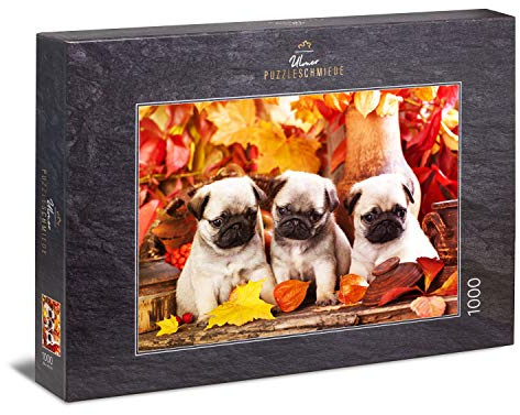 Ulmer Puzzleschmiede - Puzzle „Welpen-Glück“ - Klassisches 1000 Teile Tierpuzzle – Puzzlemotiv dreier süßer Mops Hunde-Welpen - Das Tierbaby-Puzzle für Hundefreunde